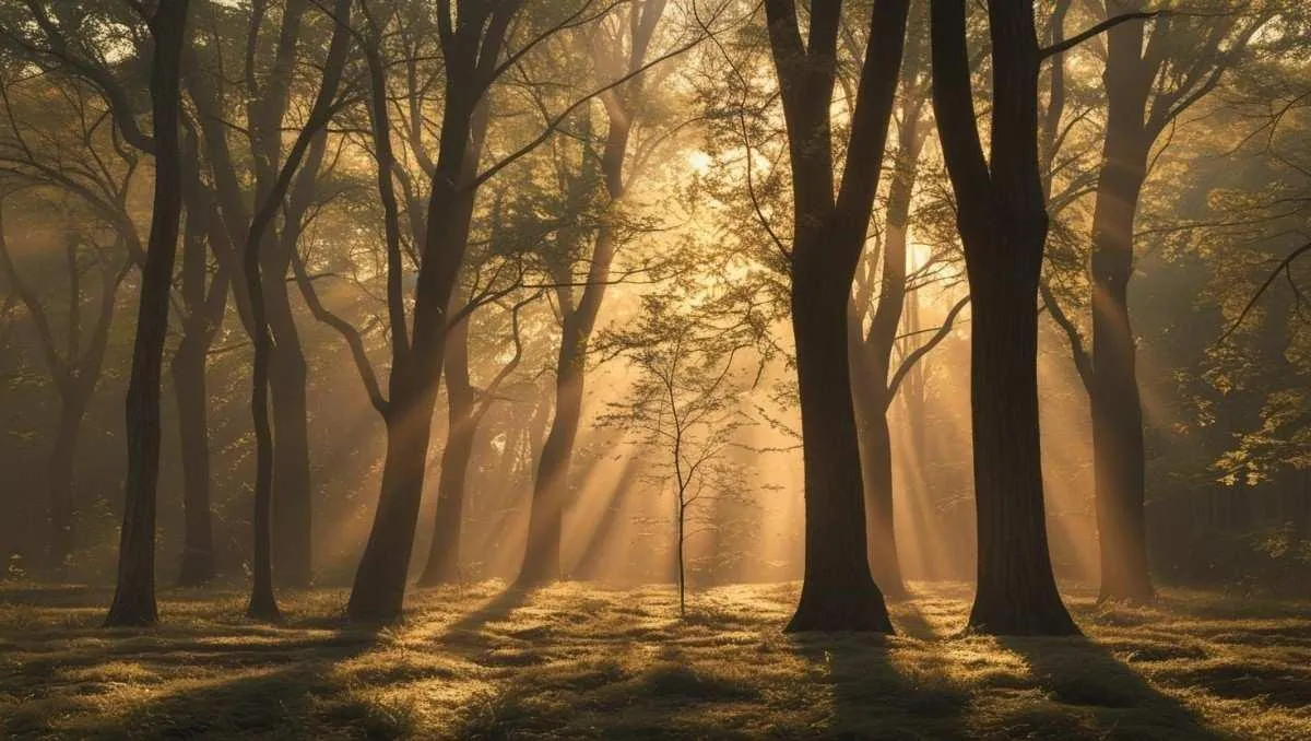 Sunlight filtering through the leaves of trees in a foggy forest creating a serene natural environment with a tranquil landscape.