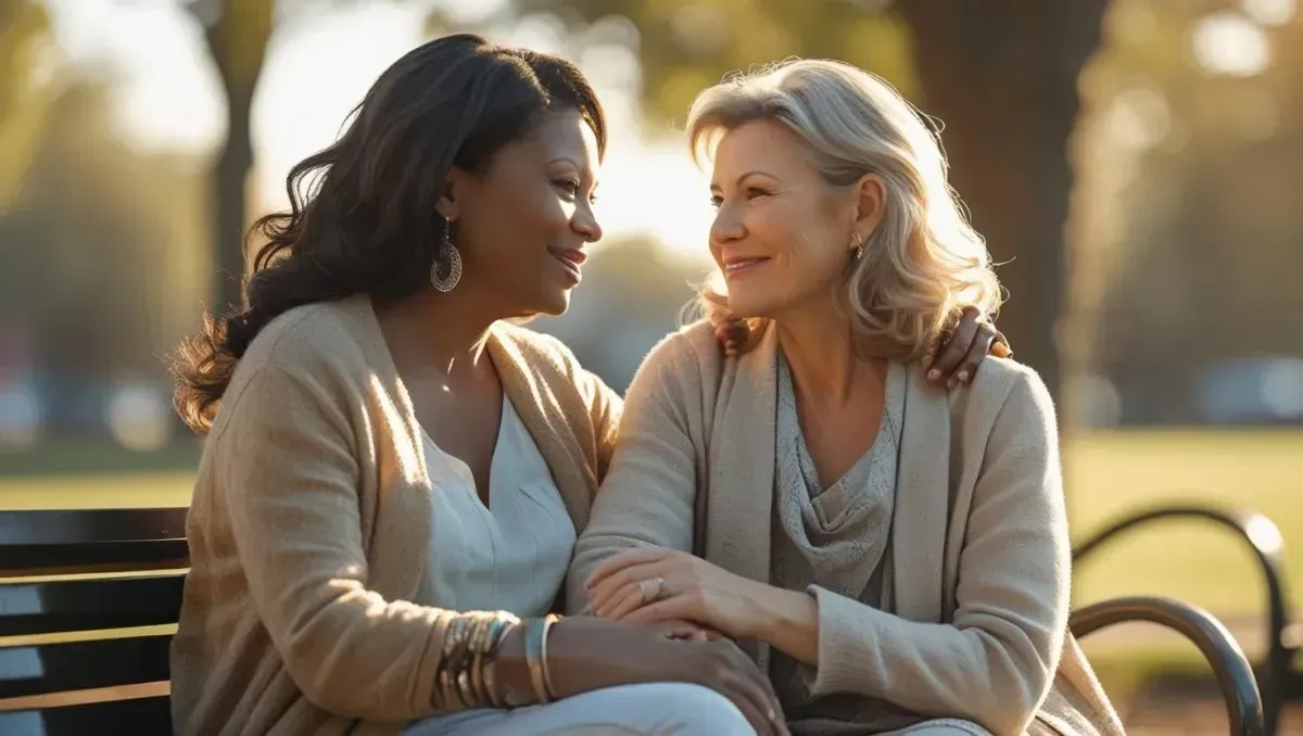 Two women sitting on a bench in a park, both smiling and engaged in conversation, surrounded by greenery.