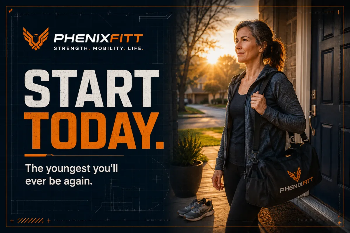 Fitness coach leads a live early-morning Zoom class in a studio with a notepad beside the laptop.