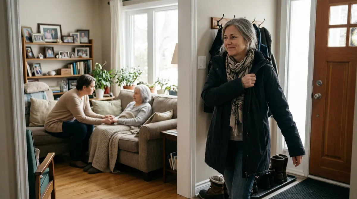 A caregiver sitting with a senior woman at home in Ottawa while her daughter heads out
