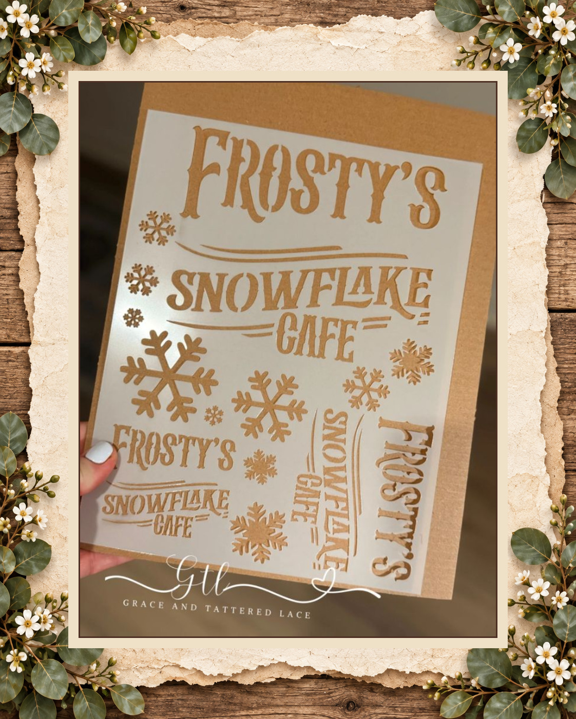 Frosty's Snowflake Cafe reusable craft stencil available to Tattered Vault members