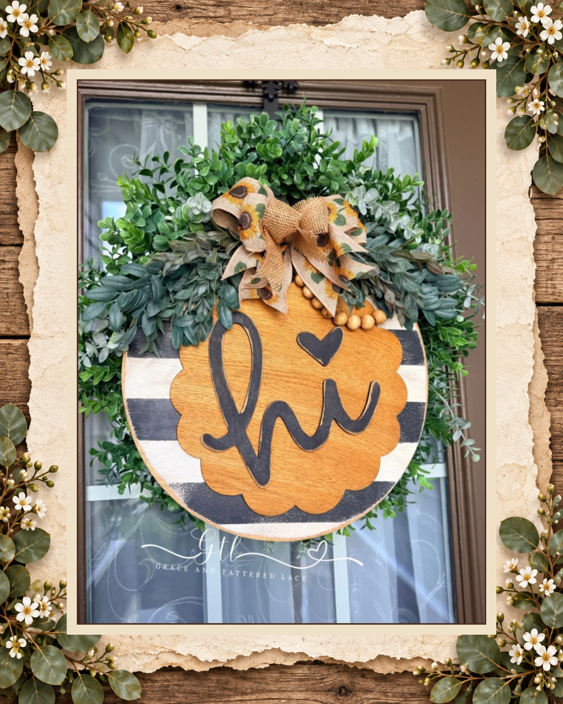 Finished Hello Fall pumpkin door hanger created from a Tattered Vault design