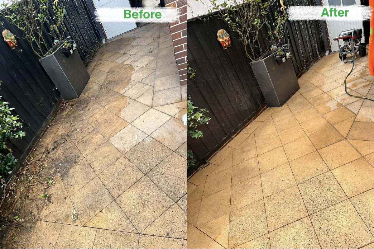Before and after of dirty outdoor tiles restored with a professional pressure clean.