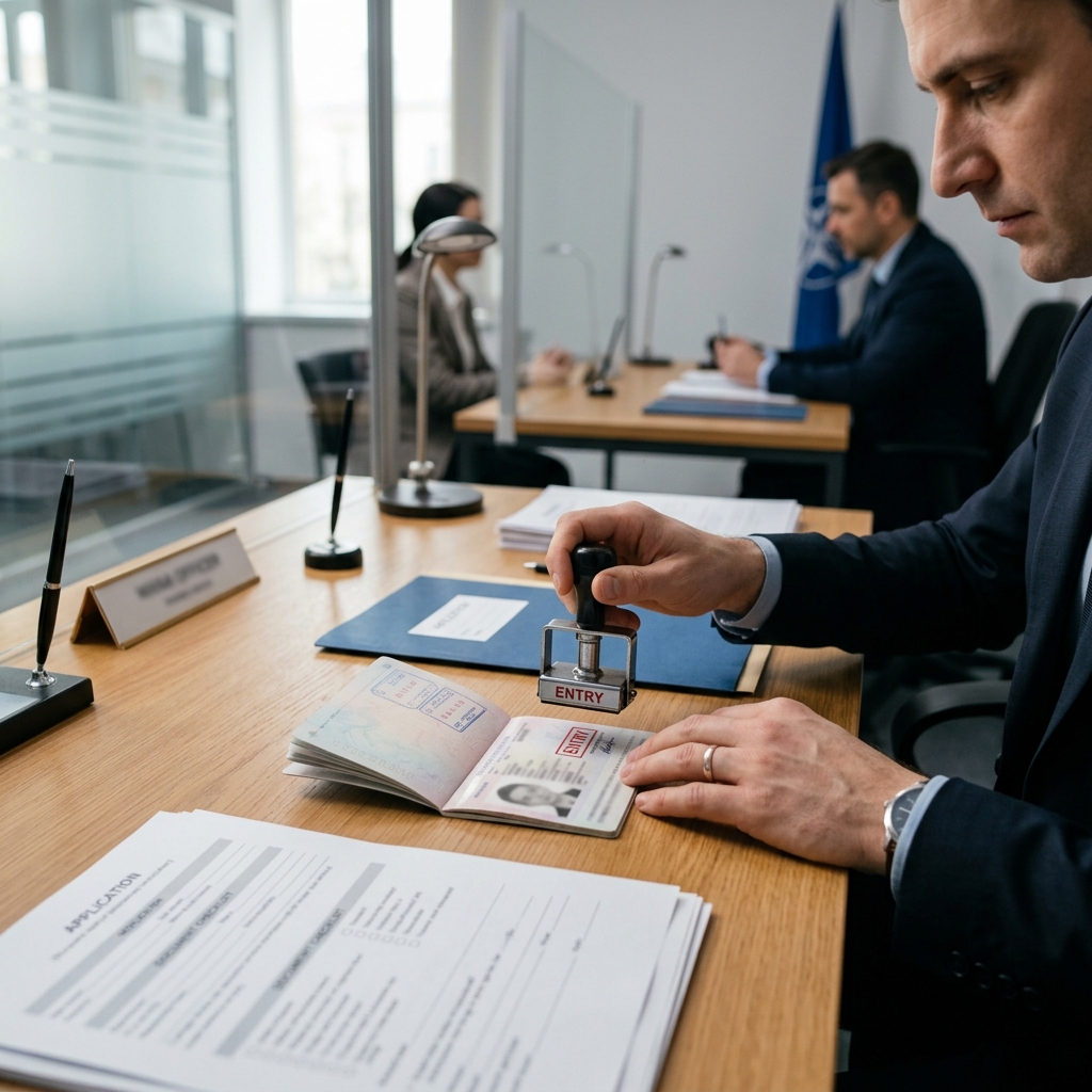 Visa officer desk with open passport entry stamp tool and official documents in consulate setting
