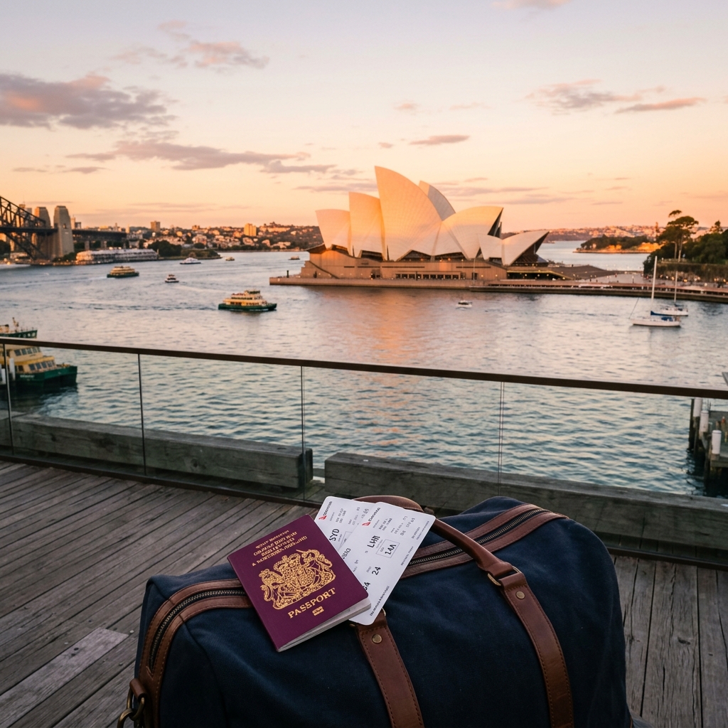 Sydney Opera House with passport and boarding pass in the foreground