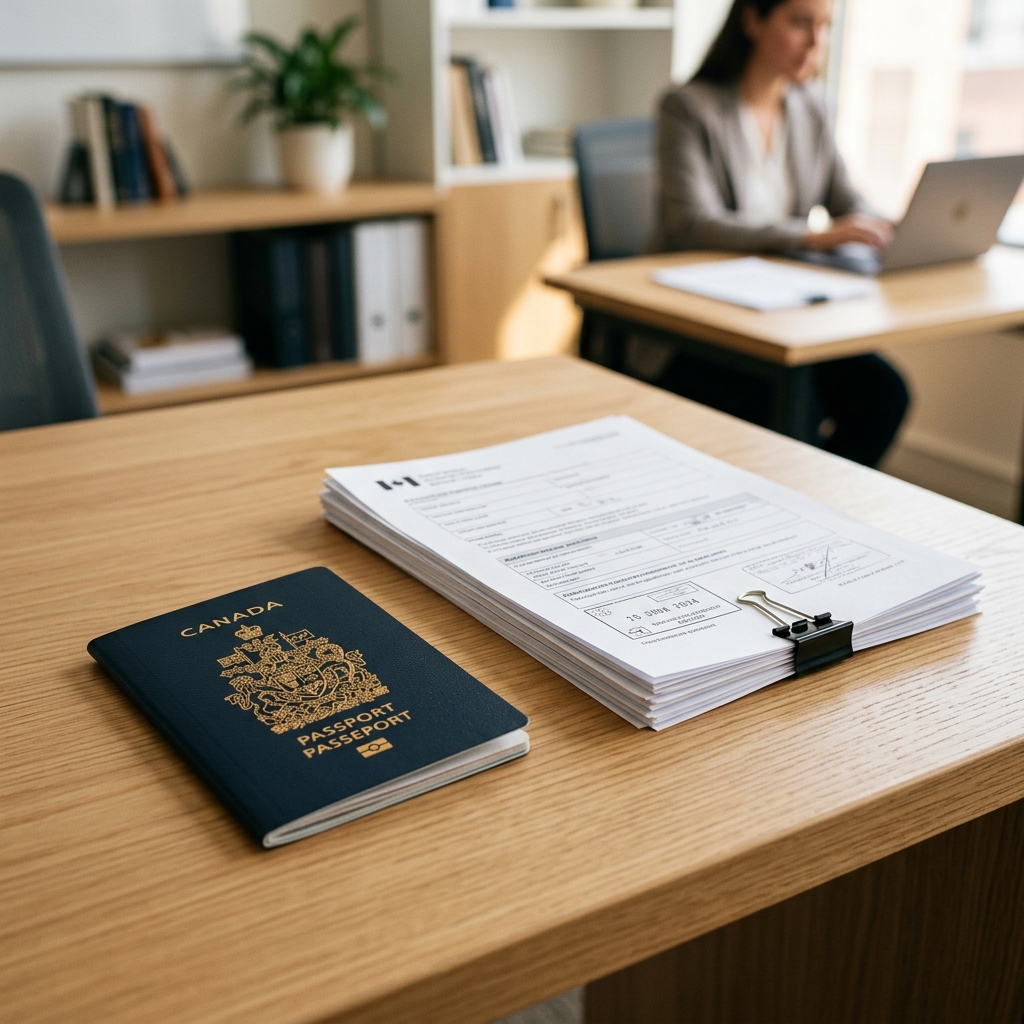 Canadian passport and visa documents on a clean professional desk