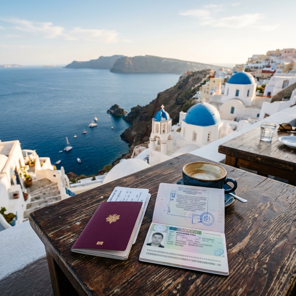 Santorini white buildings and blue domes with passport and Schengen documents on a cafe table