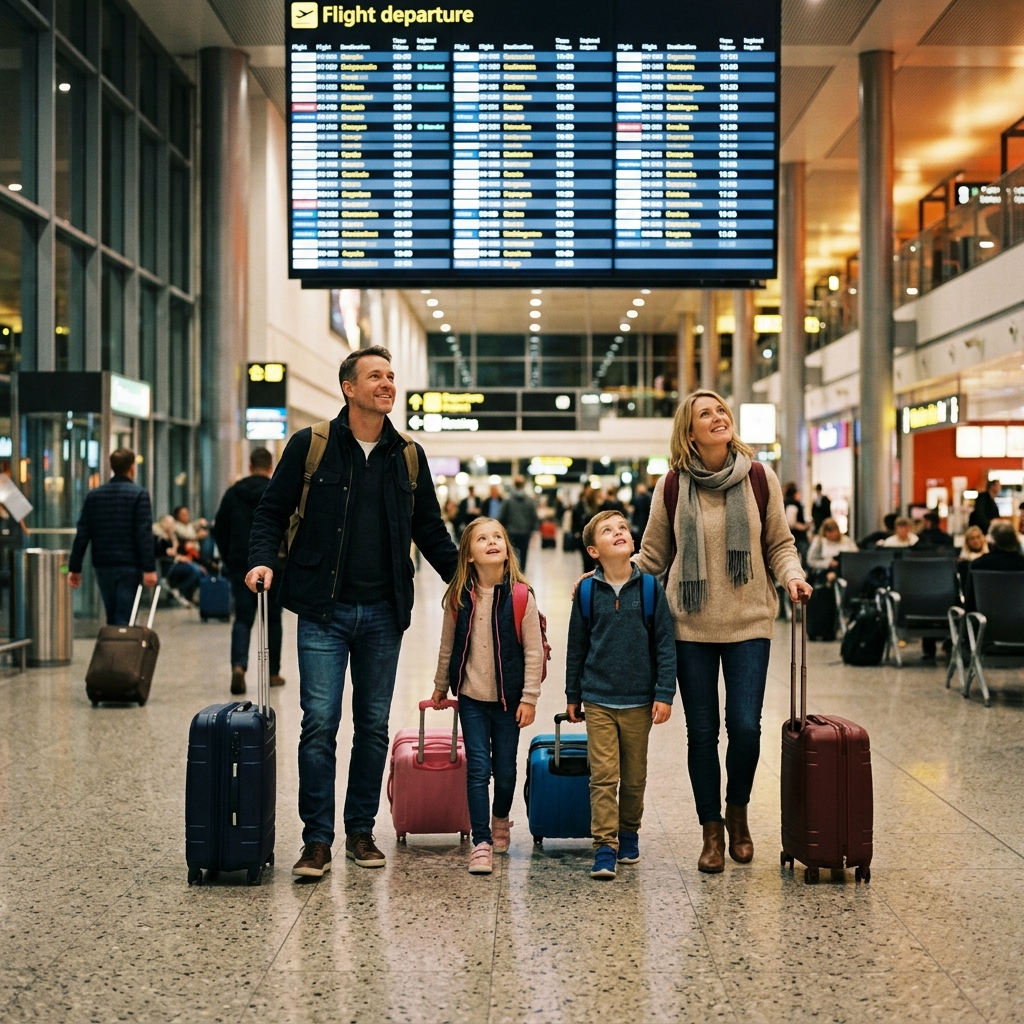 Family at international airport departure hall with suitcases and children looking at departure boards
