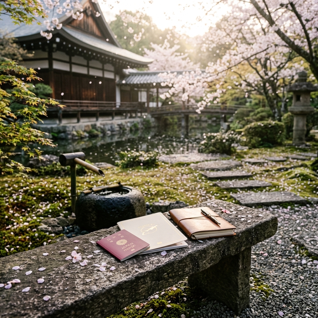 Japanese temple garden with passport and travel documents in morning light