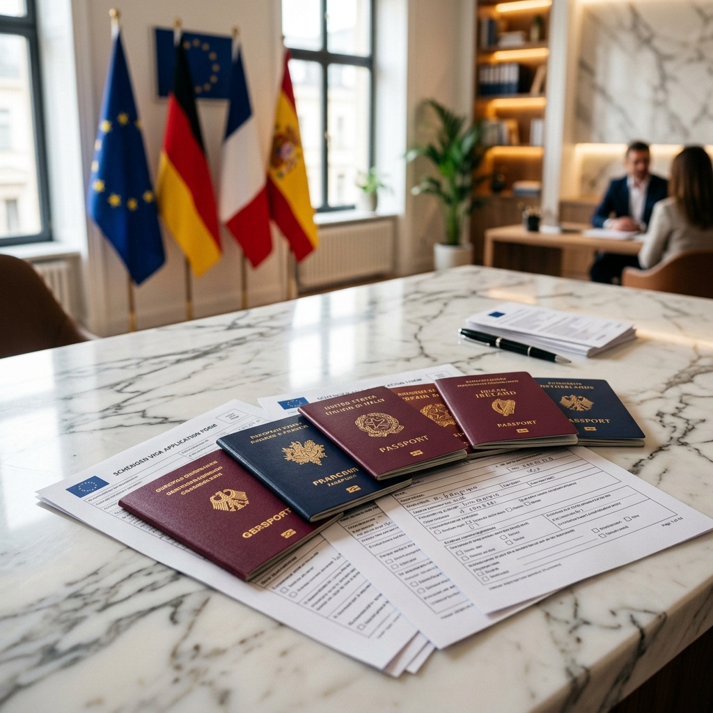 Multiple European passports and Schengen visa application forms fanned out on a marble desk