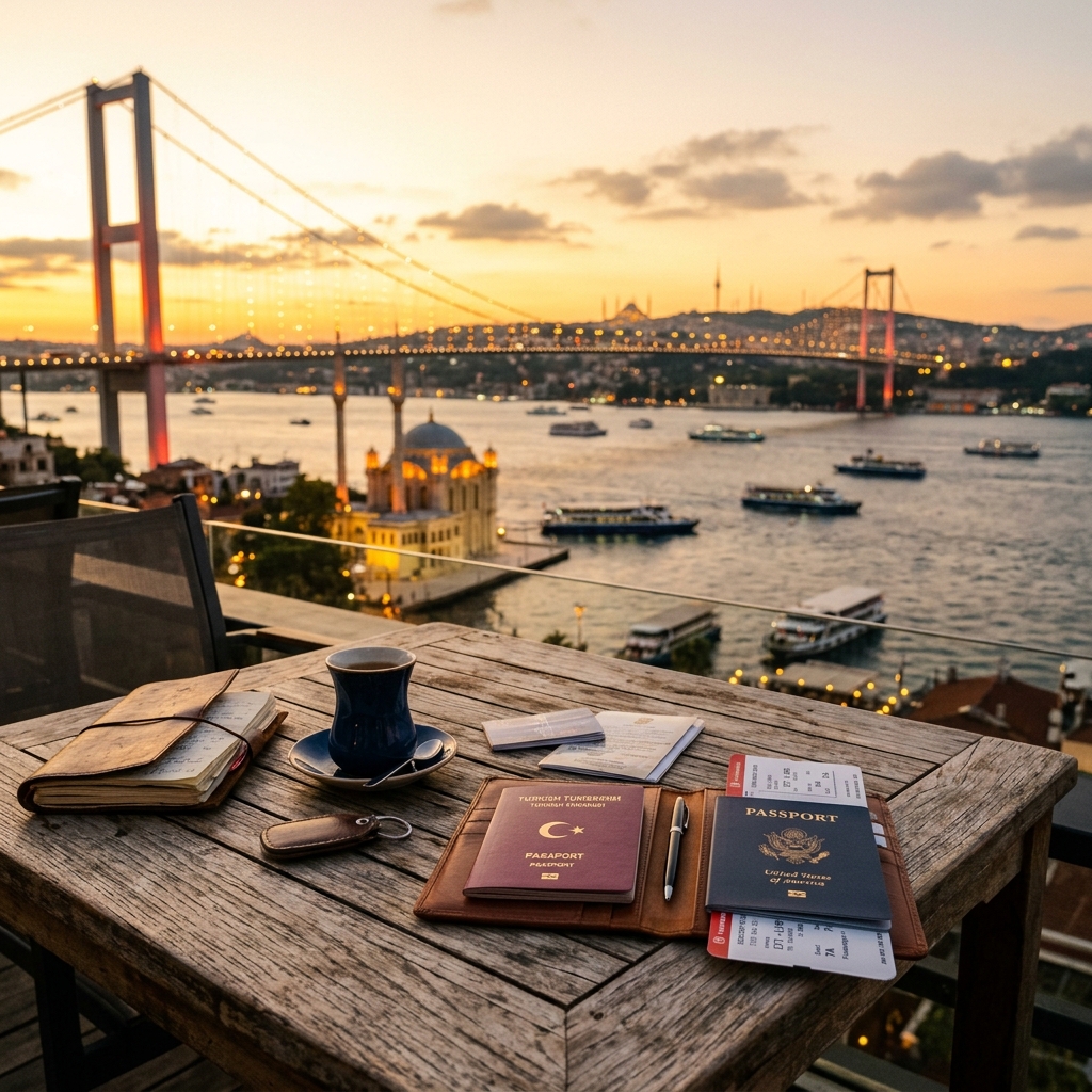Istanbul Bosphorus bridge at sunset with passport and travel documents on a cafe table
