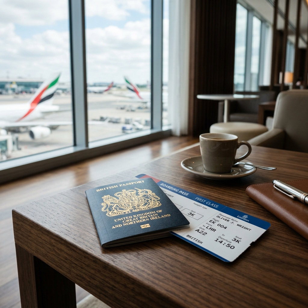 British passport and travel documents on an airport lounge table