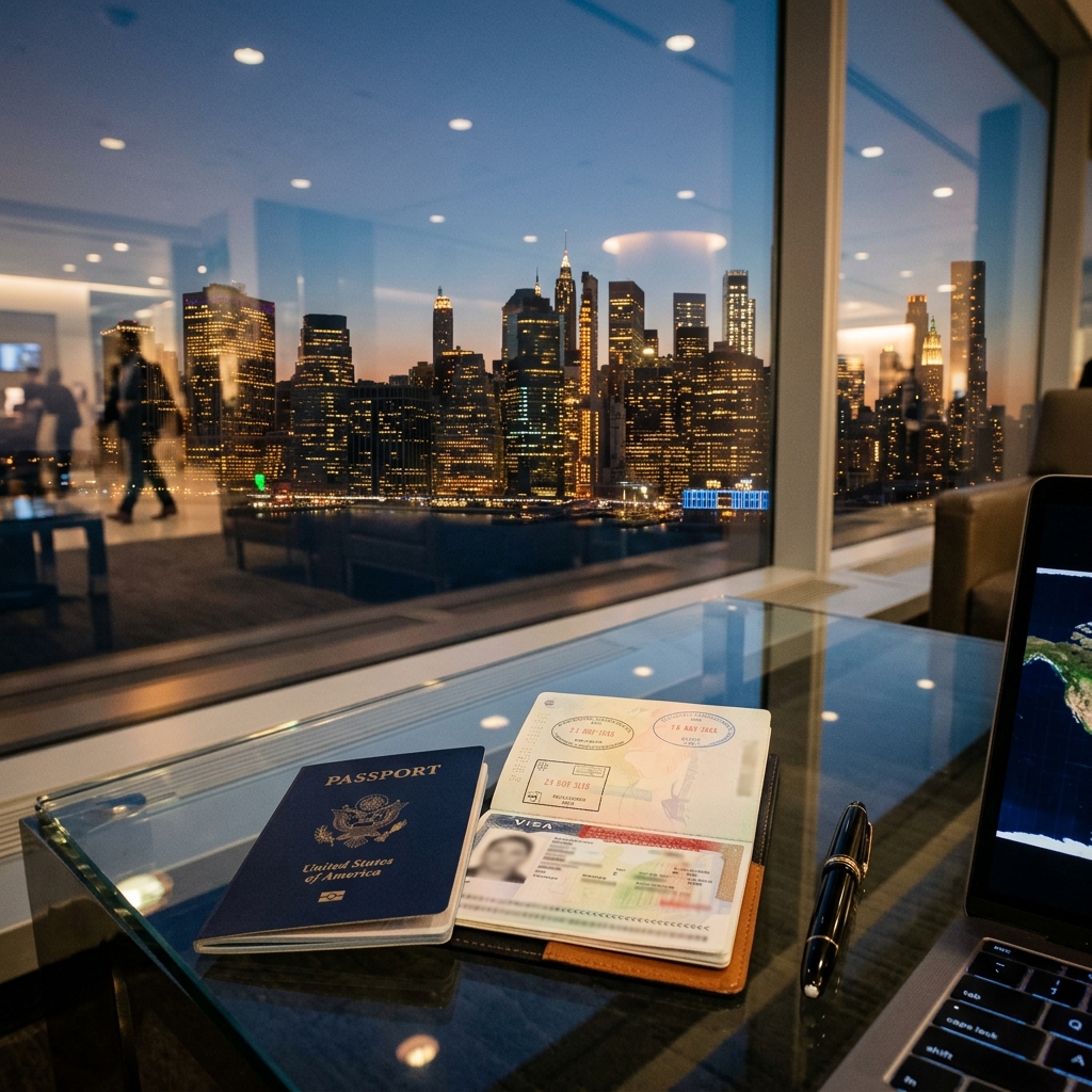 New York City skyline at dusk with passport and US visa documents on glass table