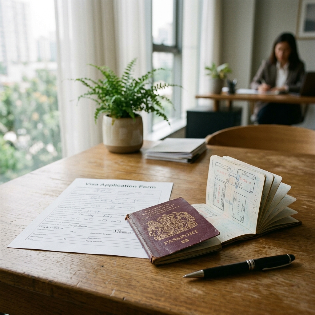 Old passport with sparse empty pages beside a visa application form on a consultancy desk
