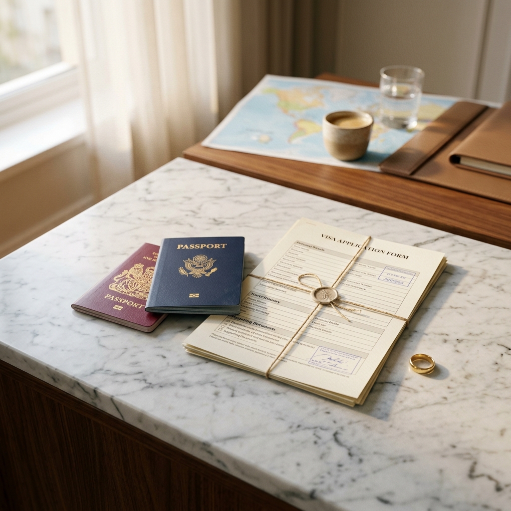 Couple reviewing travel documents and passports together