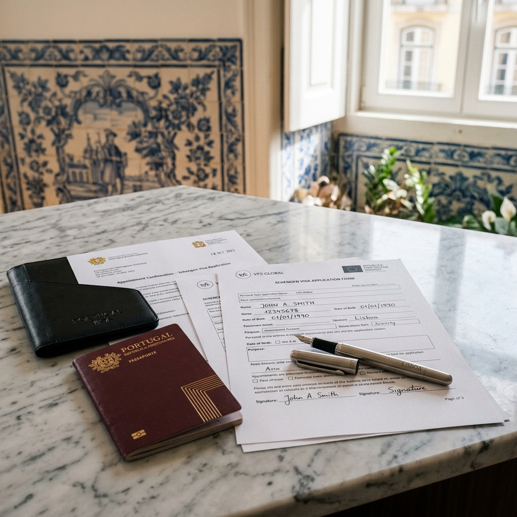 Portugal visa documents and travel essentials laid out on a table