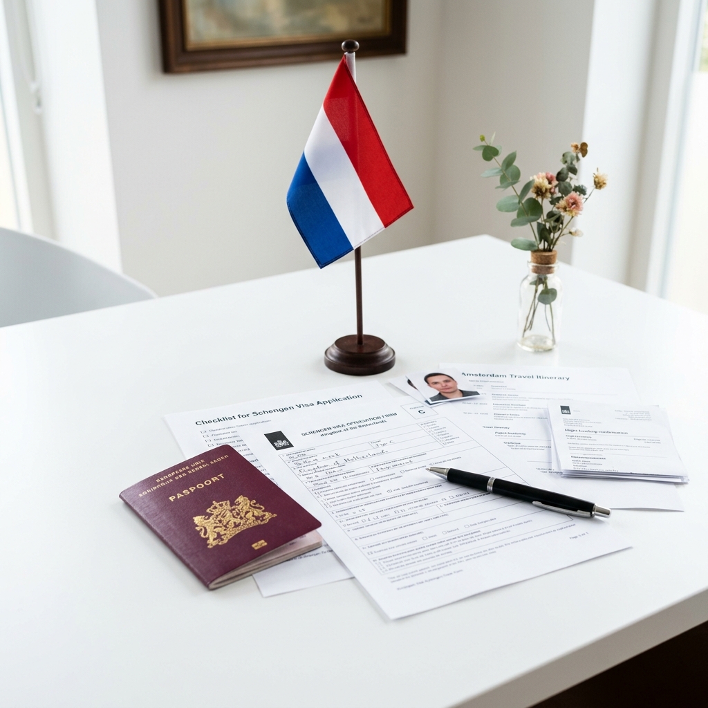 Netherlands visa application documents and passport on a desk