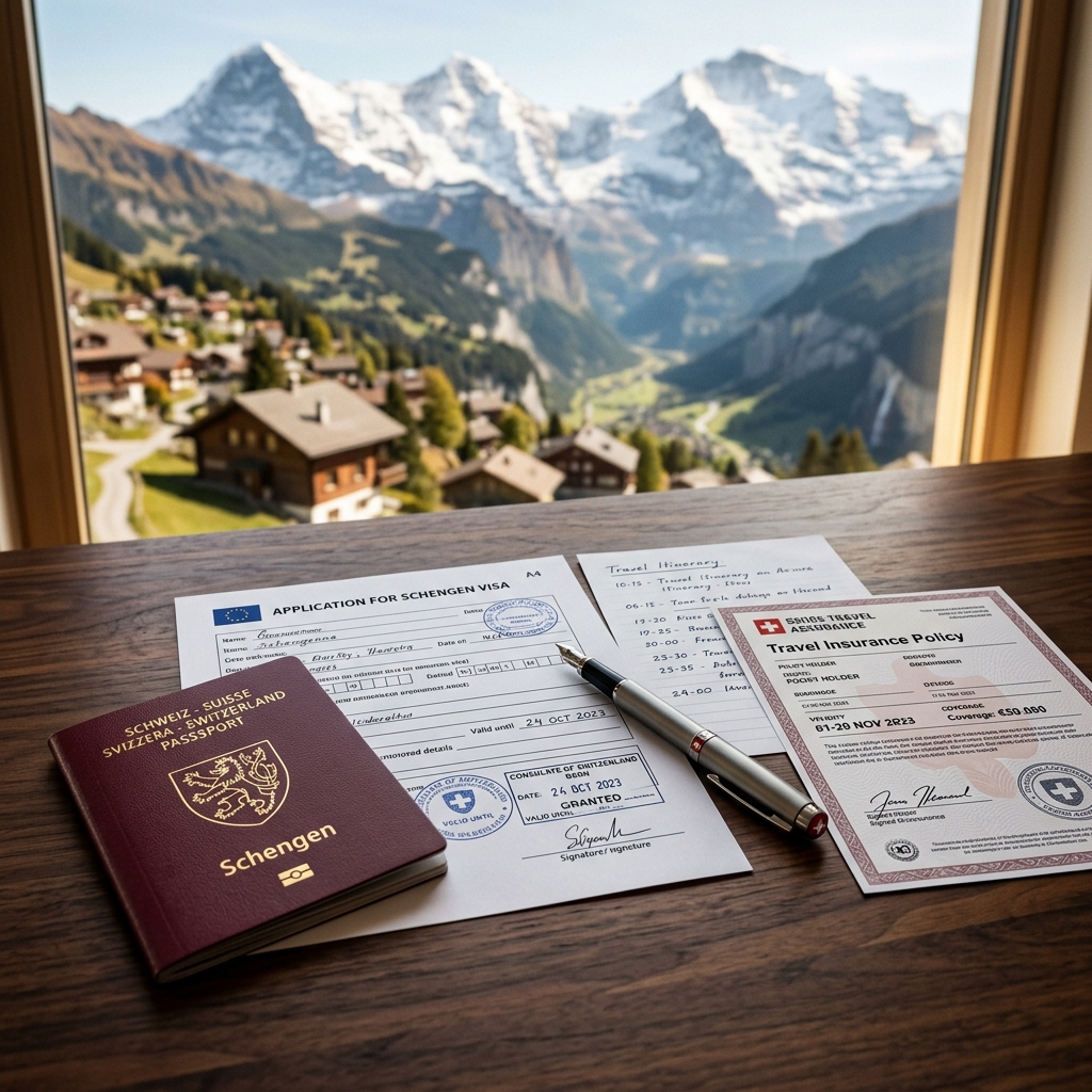 Switzerland travel visa application with passport and documents
