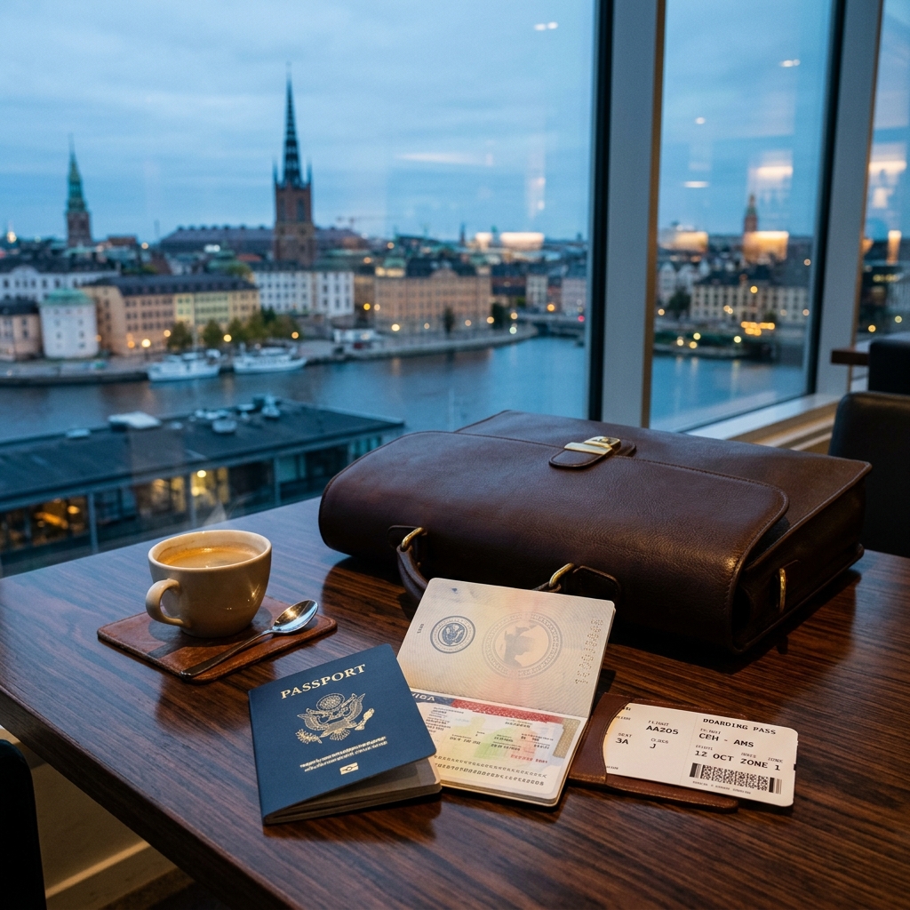 Business traveler with passport and documents at airport