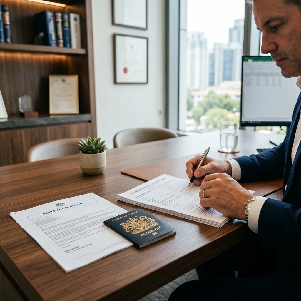 Person reviewing visa refusal letter with documents on desk