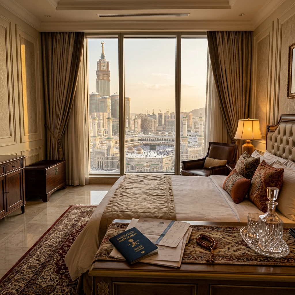Luxury hotel room near mosque with Kaaba view and travel documents
