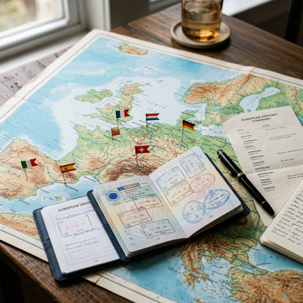 European travel map with passport and multiple country stamps