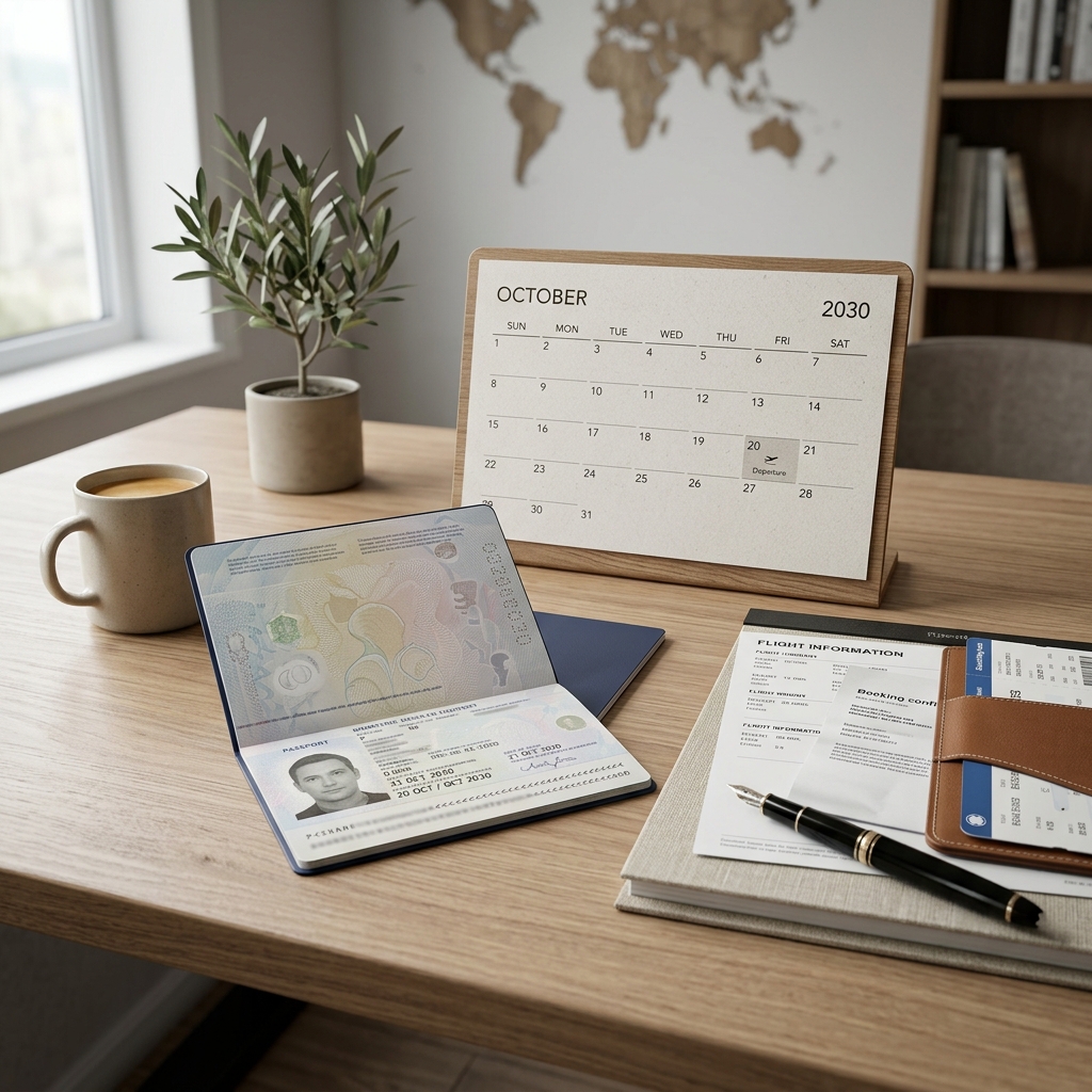 Open passport with visa stamps and expiry date visible on a desk