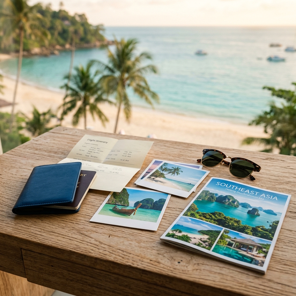 Southeast Asia travel package brochure with passport and tropical destination imagery