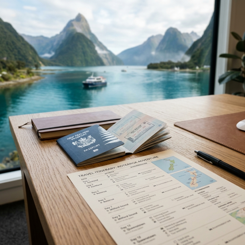 New Zealand tourist visa application with passport and travel documents
