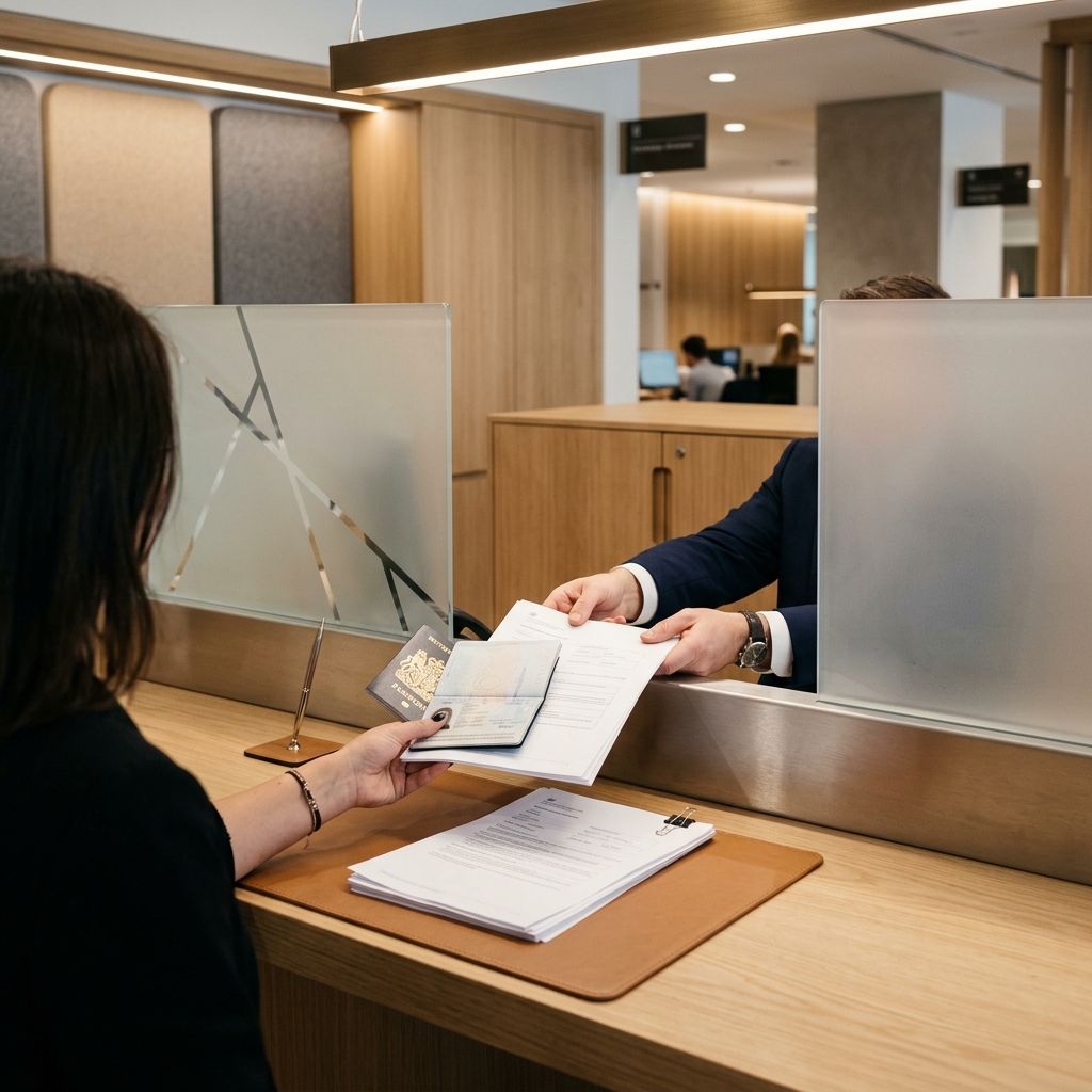 Person at visa application counter submitting documents