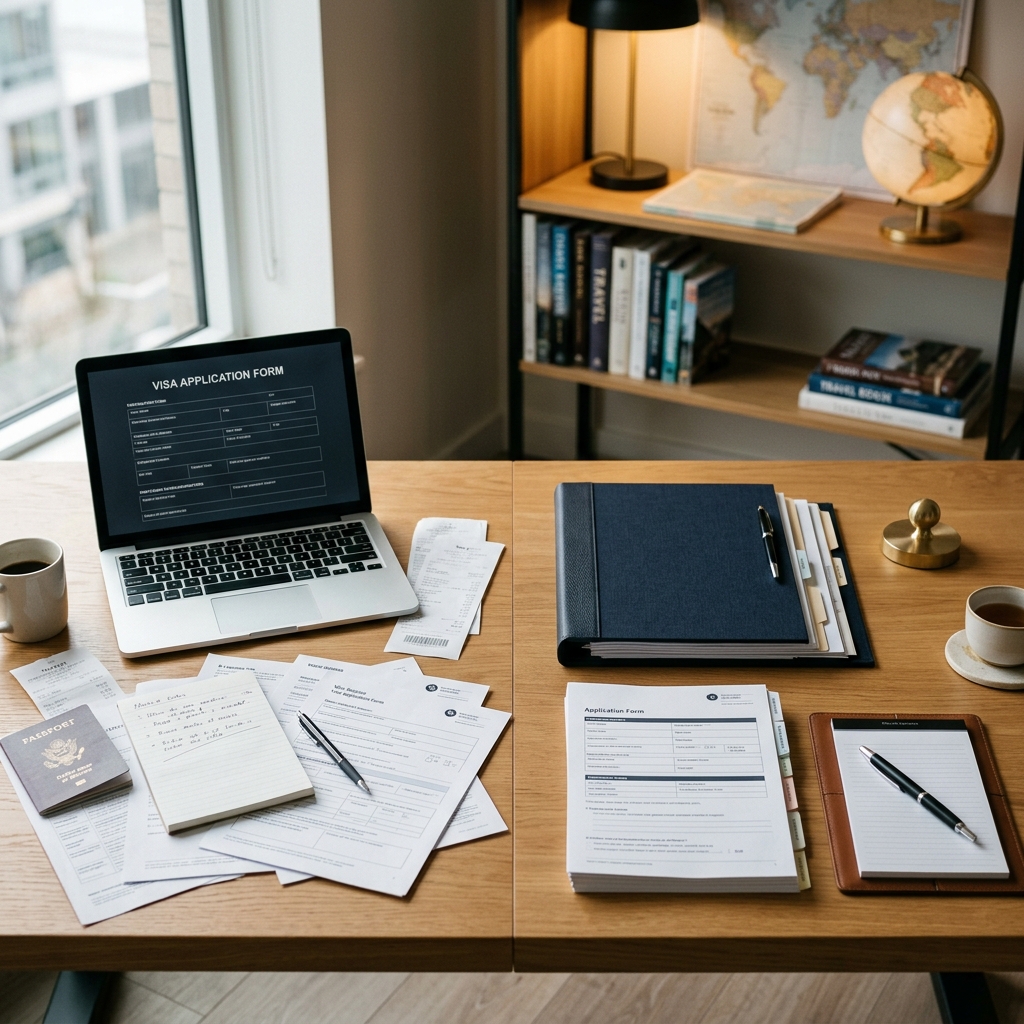 Person comparing visa application options at desk with documents and laptop