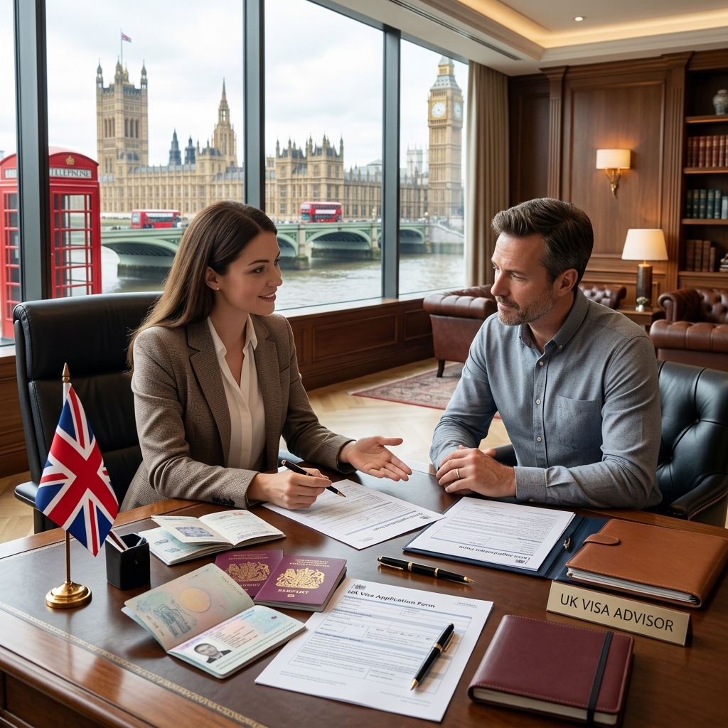 UK passport with visa documents and appointment paperwork on desk