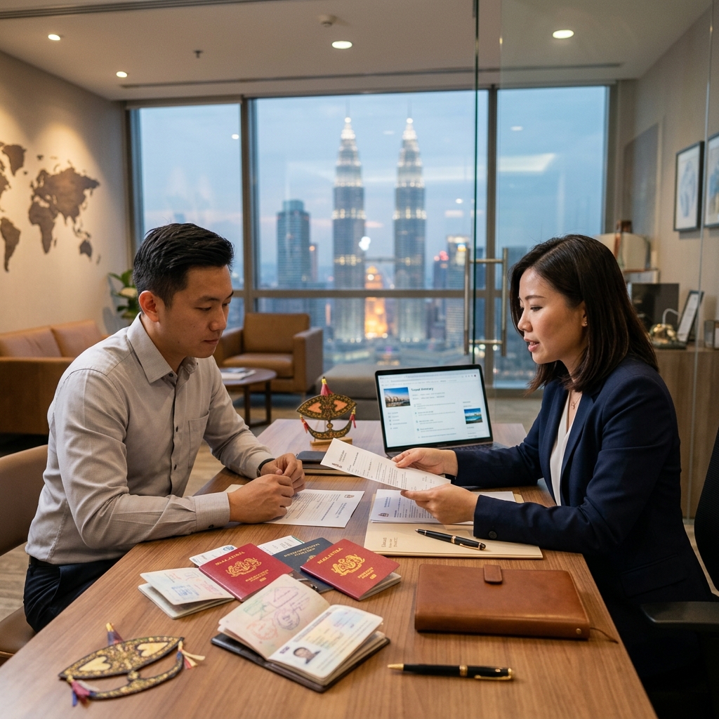 Passport and travel documents prepared for a Malaysia trip