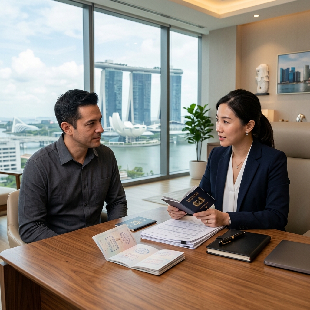 Singapore visa application documents with passport and flight tickets
