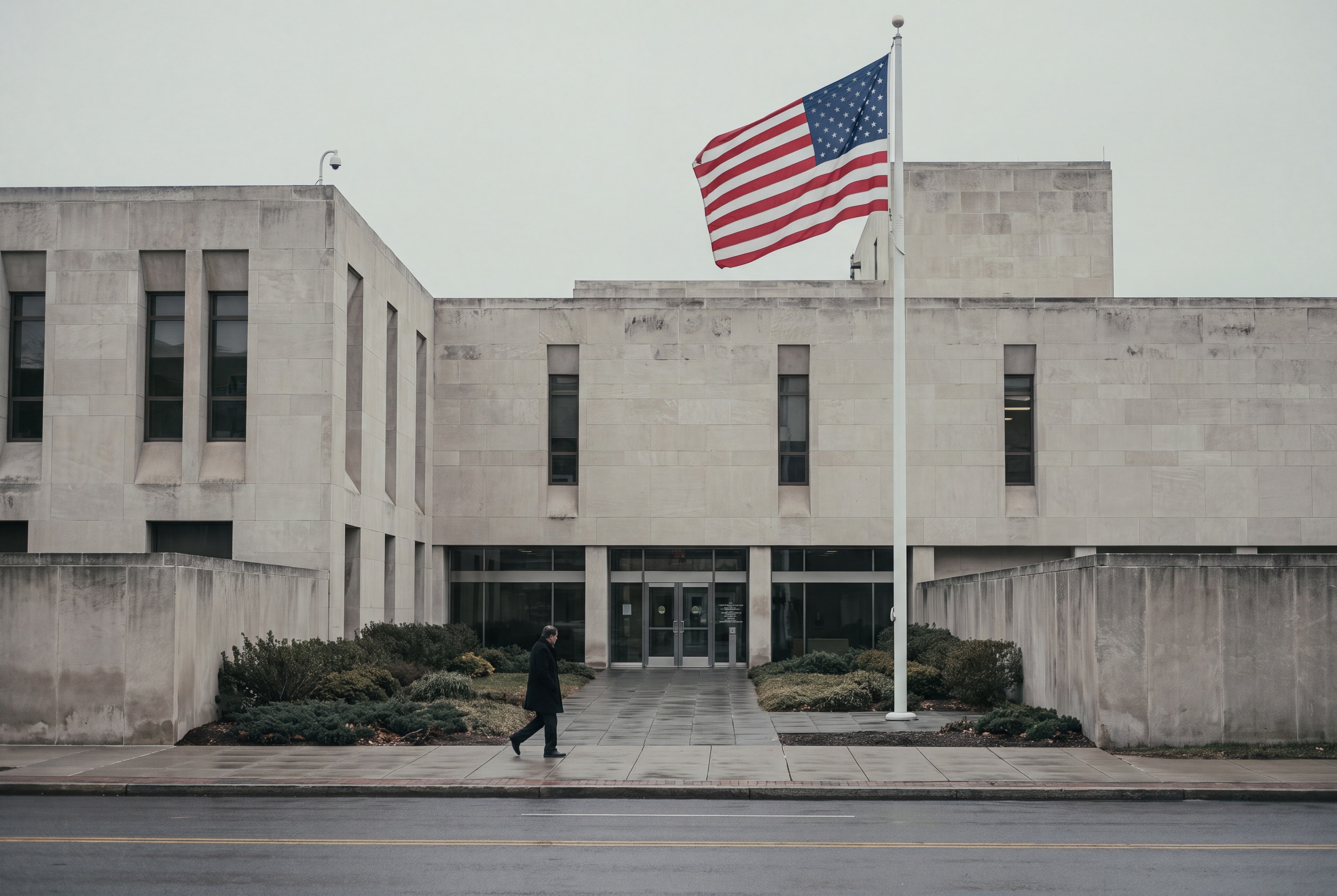 A formal consular building facade seen through rain-beaded glass