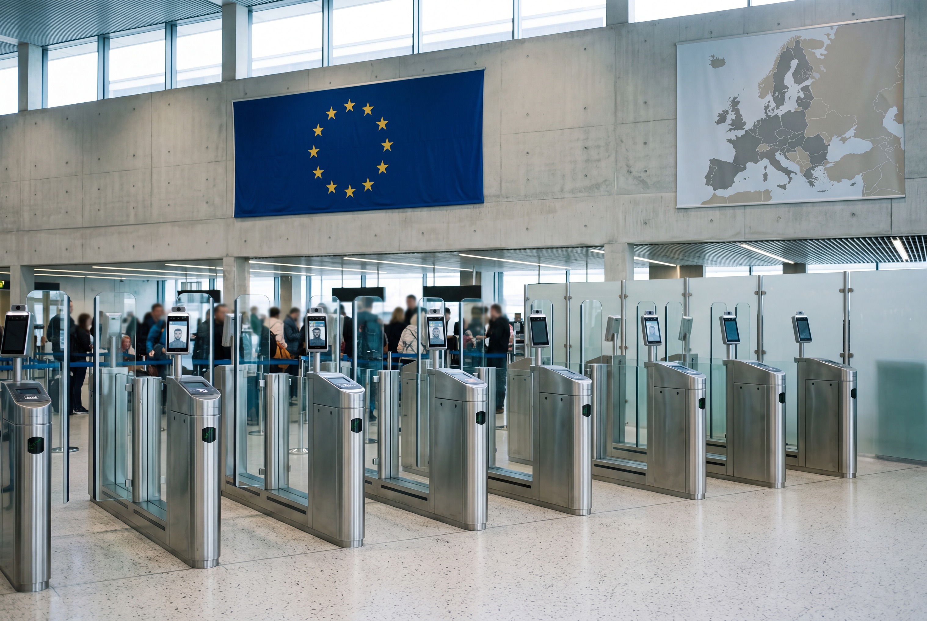 Automated biometric border gates in a modern European airport arrivals hall