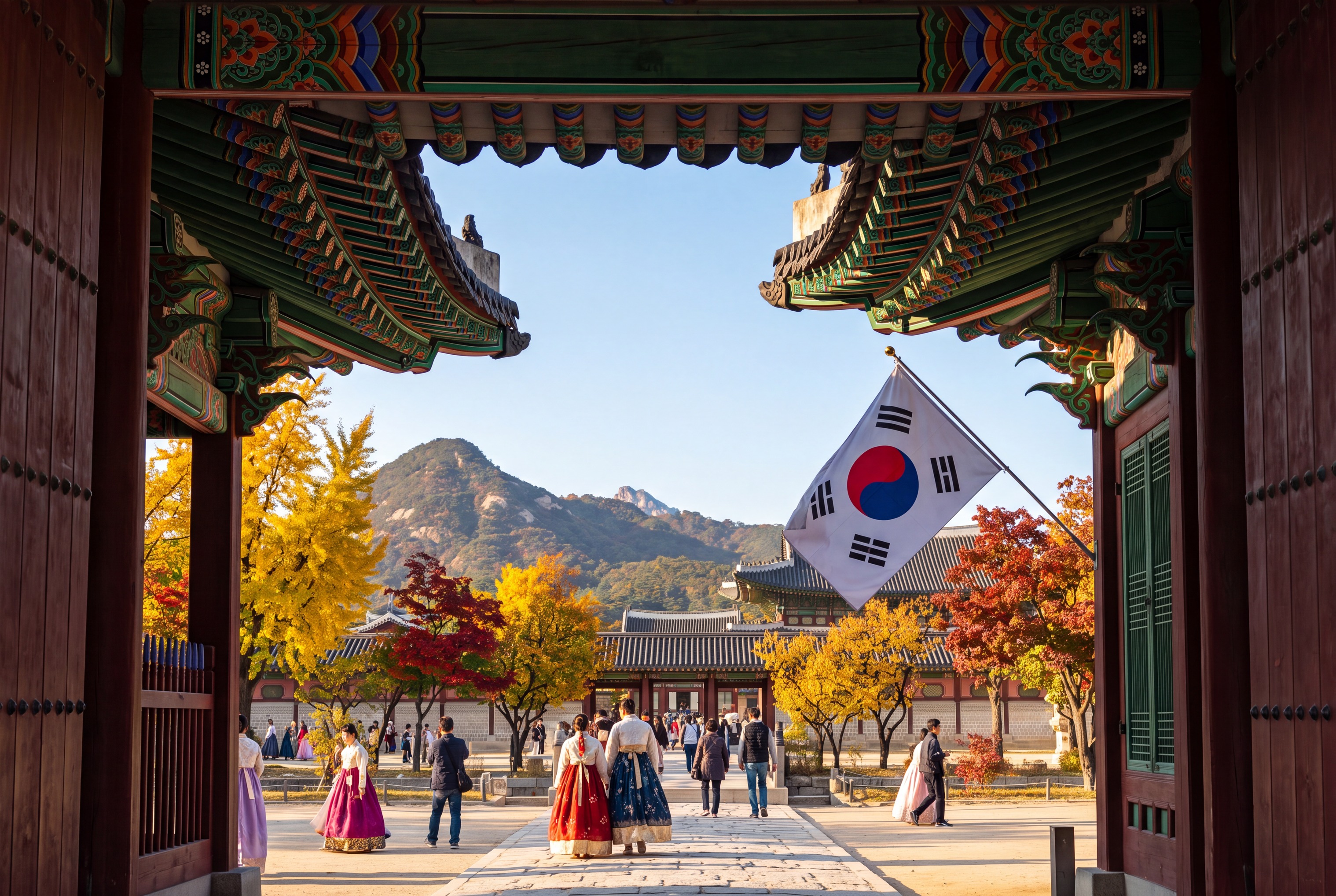 Visitors walking through a traditional Korean palace courtyard at dusk in autumn
