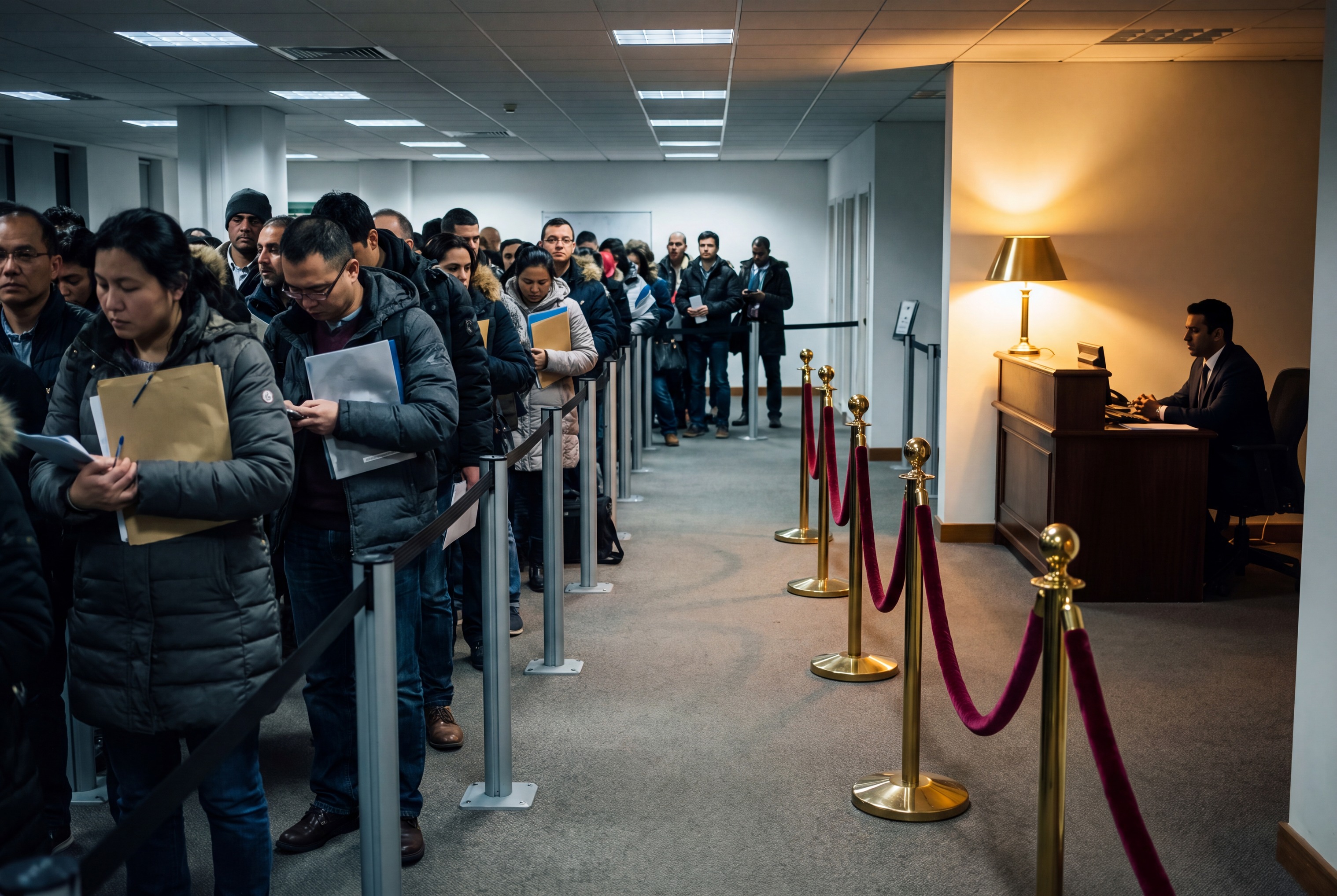 An applicant at a premium visa service desk beside a rope-divided express lane