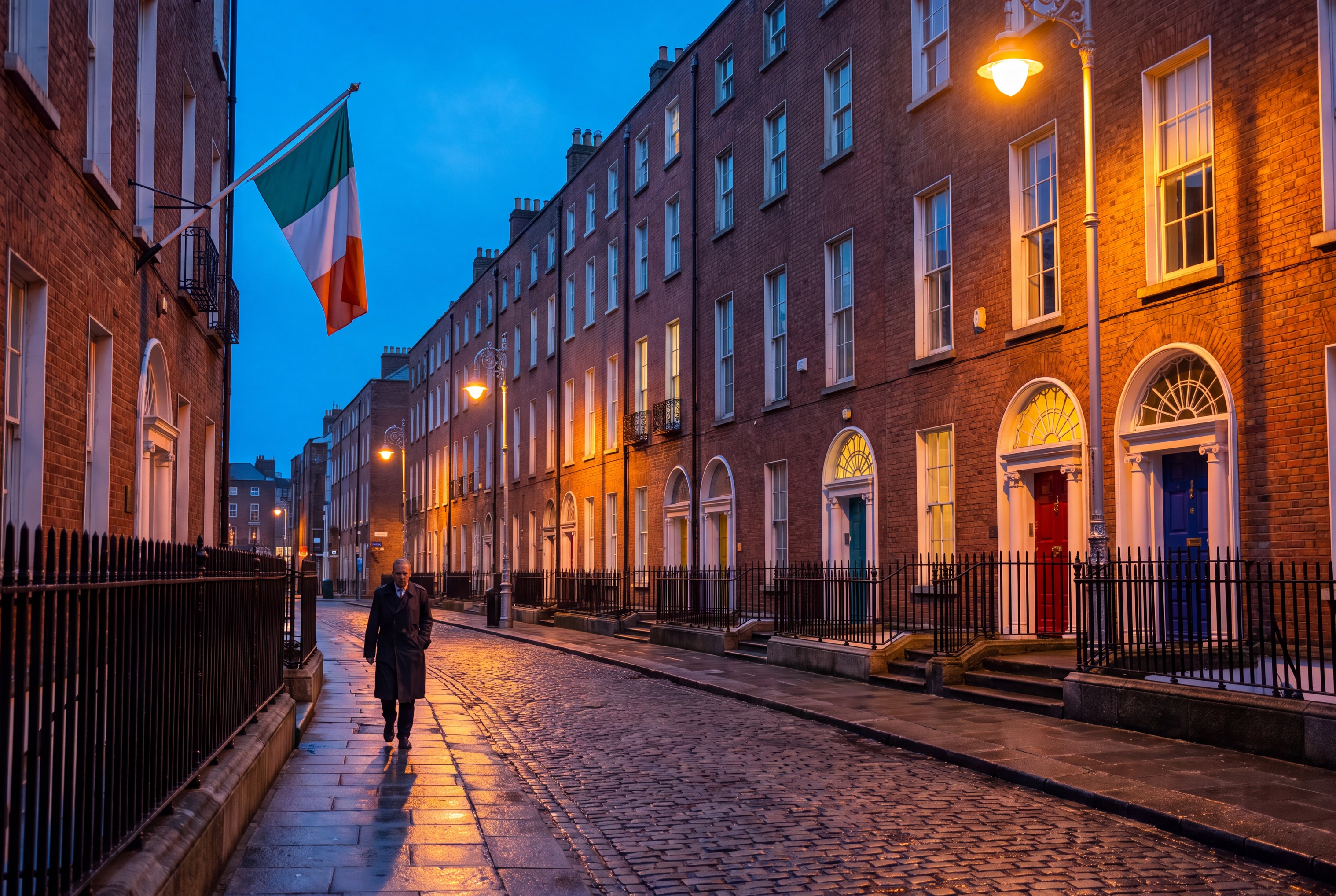 A row of Georgian townhouse doorways on a Dublin street at blue hour