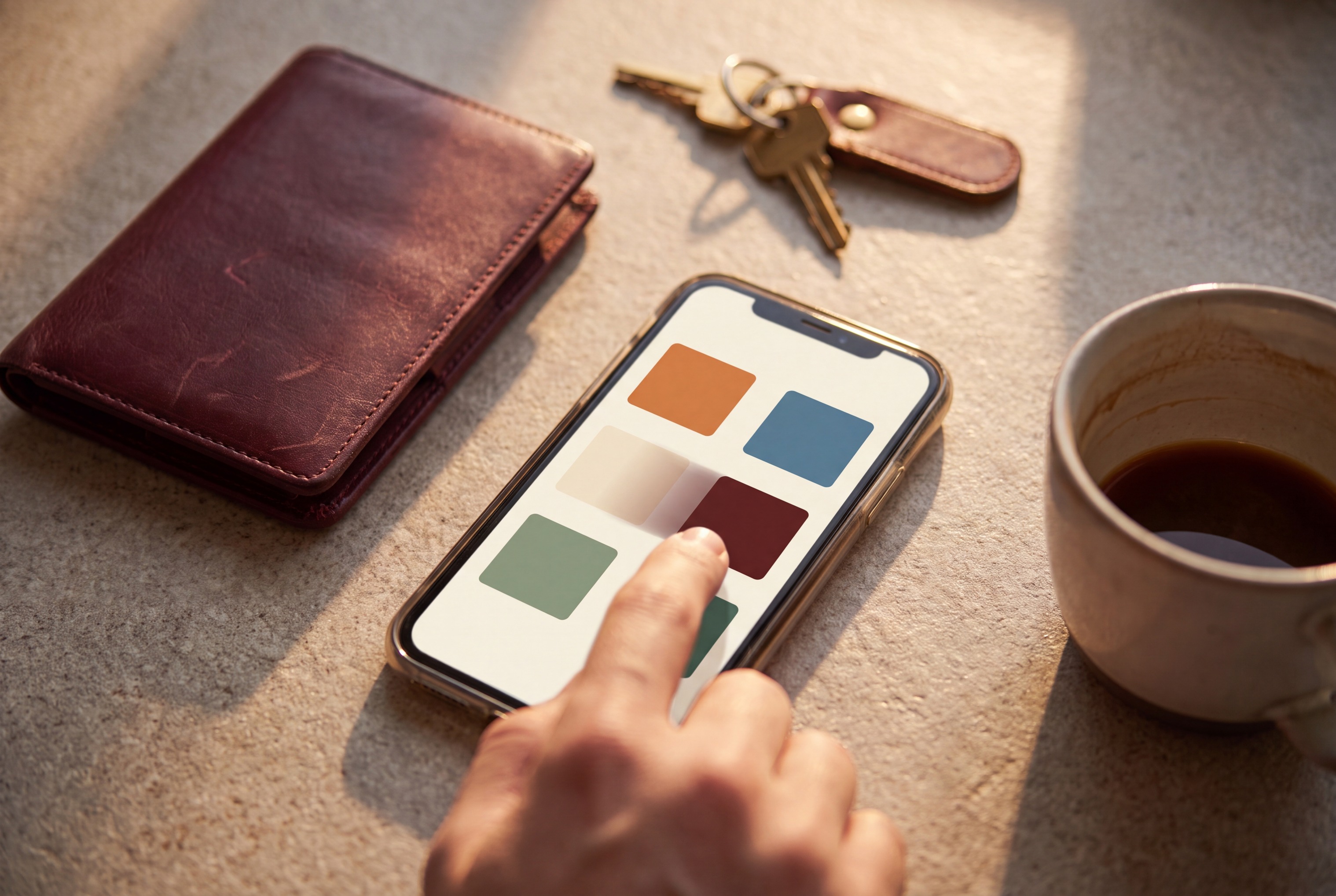 Hands adjusting a wristwatch beside a closed travel document wallet on a kitchen counter