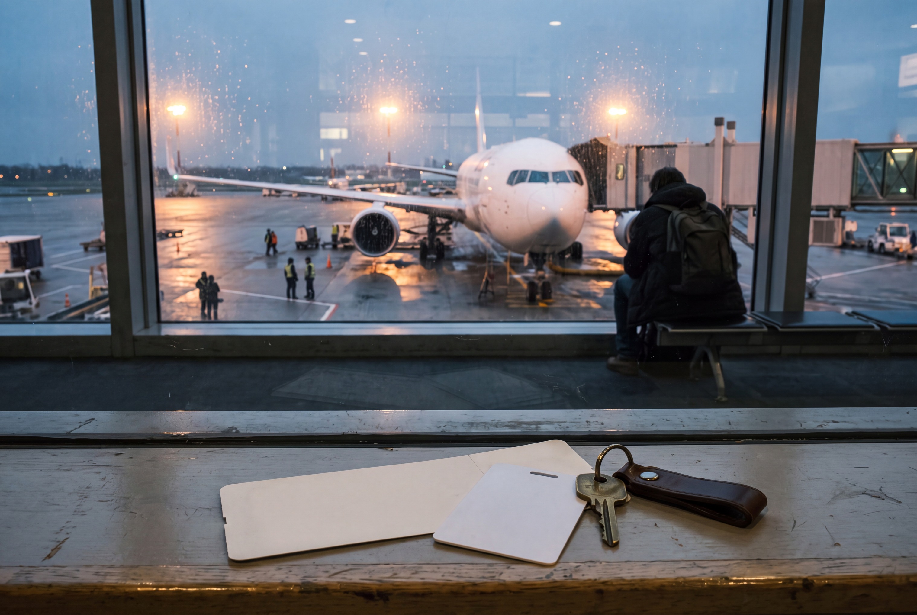 Overhead view of a tablet, a blank card, sunglasses and a key on a marble cafe table at dusk