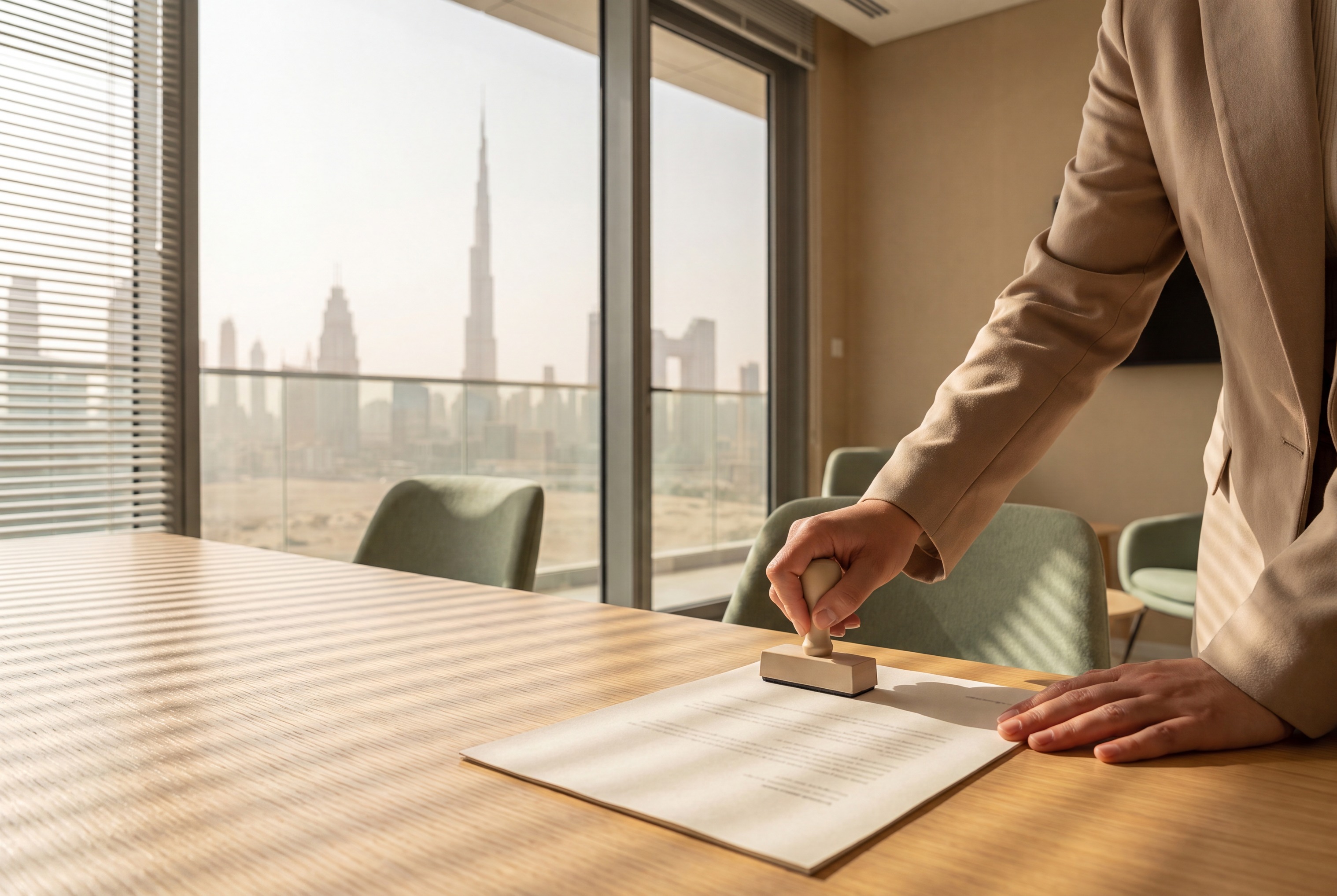 A person in an office pressing a rubber stamp onto a sheet of headed paper