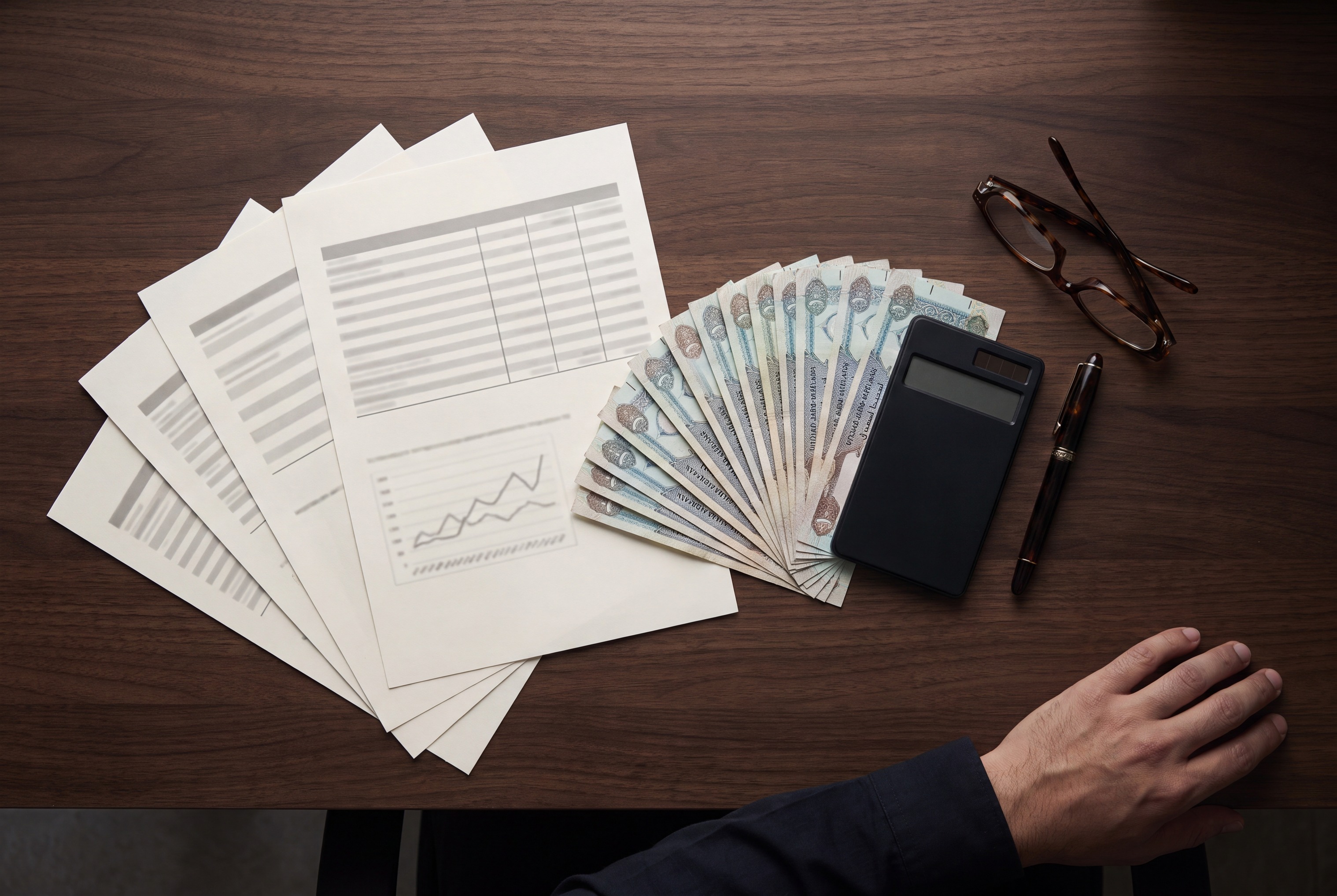 Overhead view of printed bank statements, a pen and reading glasses on a dark table