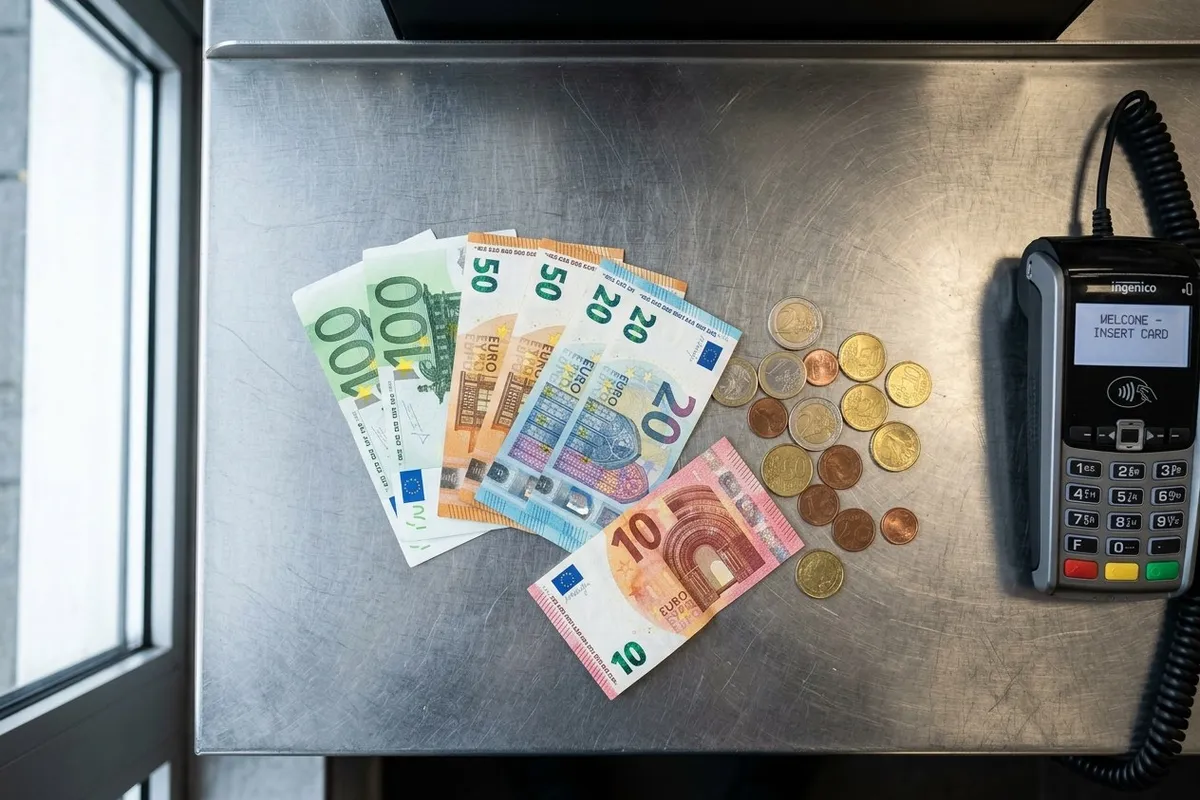 Euro banknotes and coins beside a card terminal on a service counter, shallow depth of field