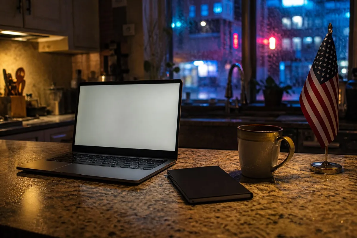 Slim unbranded laptop on a home dining table beside a passport and a glass of water at dusk