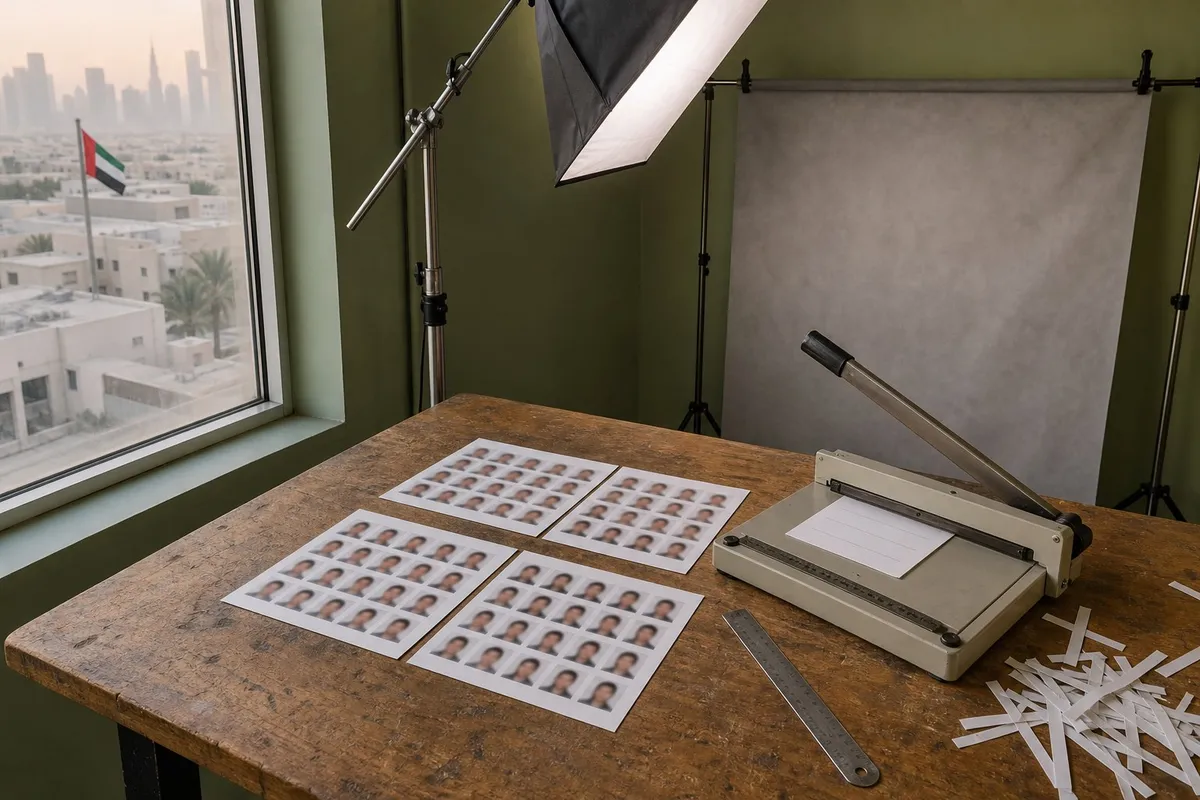 Sheet of cut passport-size portrait prints on a light table beside scissors and a paper guillotine