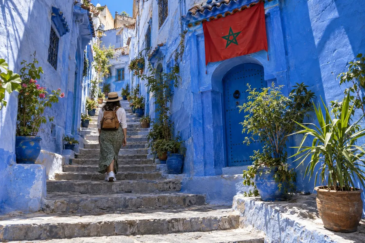Blue-washed medina alleyway in a Moroccan coastal town with a passport and boarding pass resting on a low wall