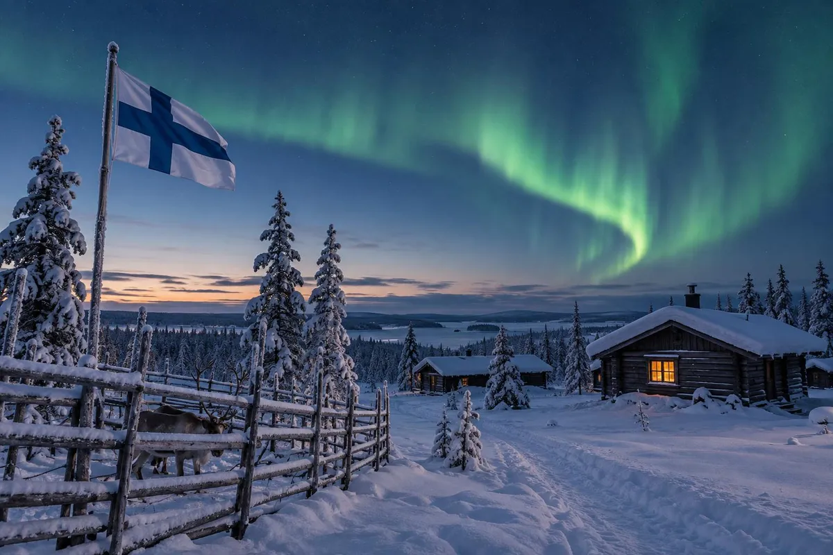 Green aurora borealis over a snow-covered pine forest and a red wooden cabin in Finnish Lapland at night