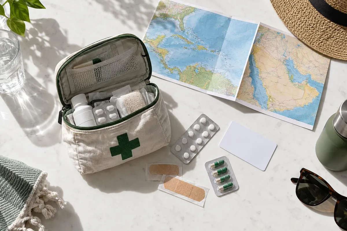 A travel health insurance certificate and passport laid on a map beside a boarding pass, UAE departure lounge setting