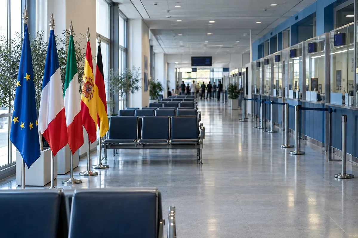 Reception counter at a Schengen visa application centre with a passport, appointment slip and biometric kiosk in a modern Dubai office